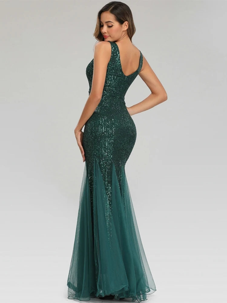 V-Neck Mermaid Dress with Shawl, Long Formal Prom Party Gown, Sequins Sleeveless, Sexy Evening Dress, Plus Size