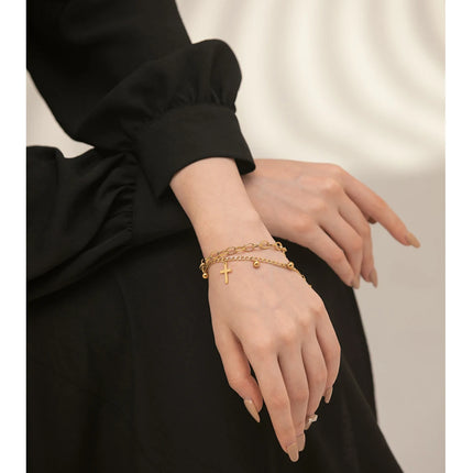Yhpup Stainless Steel Cross Layered Bracelet for Women Charm Metal 14 K Plated Trendy Golden Wrist Unique Design Jewelry брелок