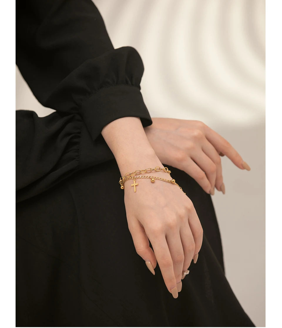 Yhpup Stainless Steel Cross Layered Bracelet for Women Charm Metal 14 K Plated Trendy Golden Wrist Unique Design Jewelry брелок