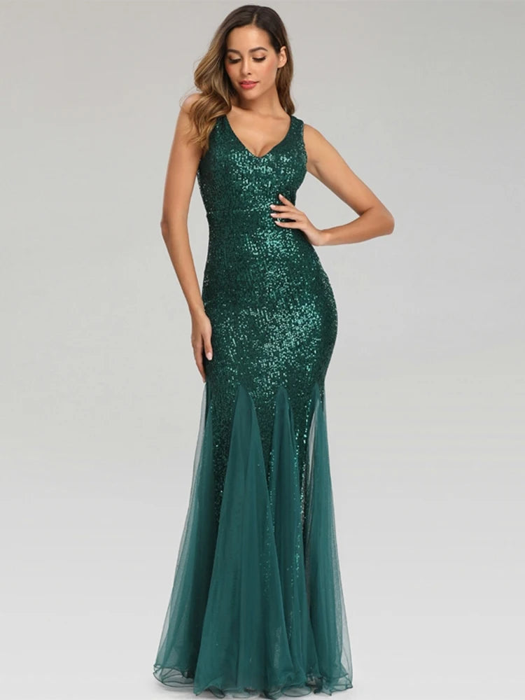 V-Neck Mermaid Dress with Shawl, Long Formal Prom Party Gown, Sequins Sleeveless, Sexy Evening Dress, Plus Size