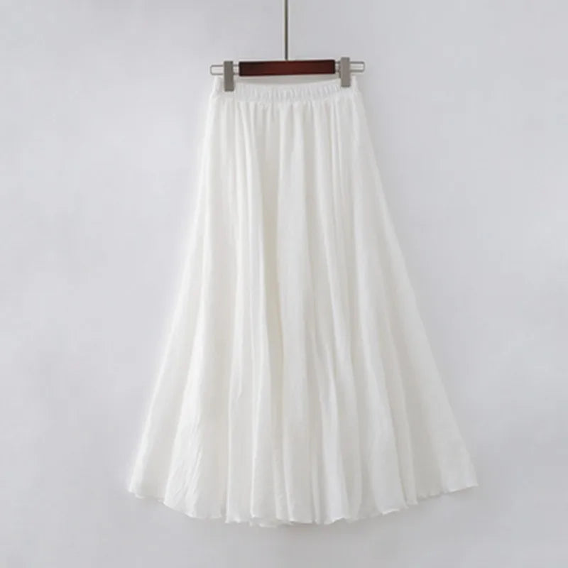 High Quality Cotton Linen Maxi Skirt Womens Casual Elastic High Waist Pleated A-Line Beach Skirts Boho Saia Feminina Faldas Jupe