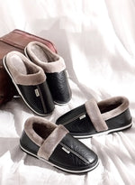 Men's Big Size Winter Slippers Home PU Leather Shoes for Men Indoor Waterproof Fur Cotton Male Bedroom Slipper Flat Houseshoes
