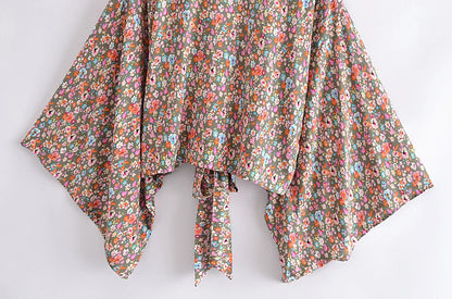 Boho Vintage Floral Print Beach Summer Short Kimono Women Fashion Ladies Casual V Neck Batwing Sleeves Bohemian Cover-ups