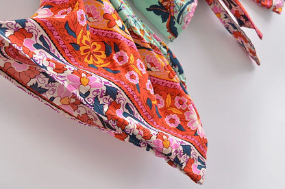 Boho Vintage Floral Print Beach Summer Short Kimono Women Fashion Ladies Casual V Neck Batwing Sleeves Bohemian Cover-ups