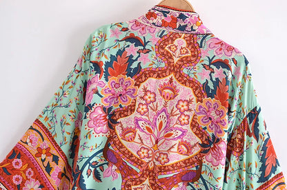 Boho Vintage Floral Print Beach Summer Short Kimono Women Fashion Ladies Casual V Neck Batwing Sleeves Bohemian Cover-ups