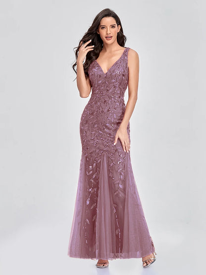 Sleeveless V-neck Tulle Sequins Cocktail Dresses V-back Mermaid Party Prom Gowns Women Formal Occasion Embroidered Robe Vestioes