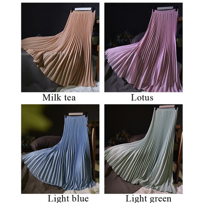 Vintage Pleated Midi Long Skirt For Women Korean Fashion Casual High Waist Chiffon Skirts Jupe Faldas 18 Color 2024 Autumn SK397