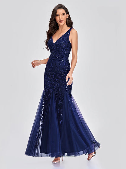 Sleeveless V-neck Tulle Sequins Cocktail Dresses V-back Mermaid Party Prom Gowns Women Formal Occasion Embroidered Robe Vestioes