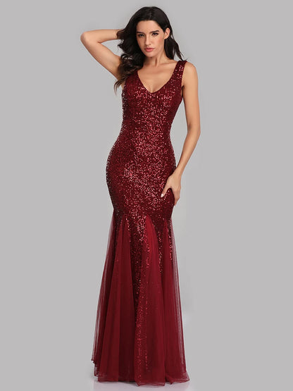 V-Neck Mermaid Dress with Shawl, Long Formal Prom Party Gown, Sequins Sleeveless, Sexy Evening Dress, Plus Size