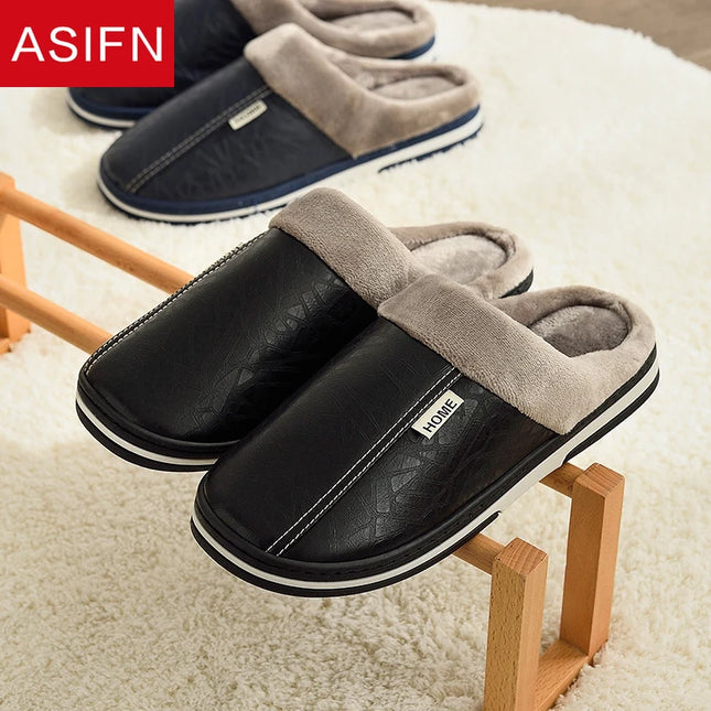Men's Big Size Winter Slippers Home PU Leather Shoes for Men Indoor Waterproof Fur Cotton Male Bedroom Slipper Flat Houseshoes