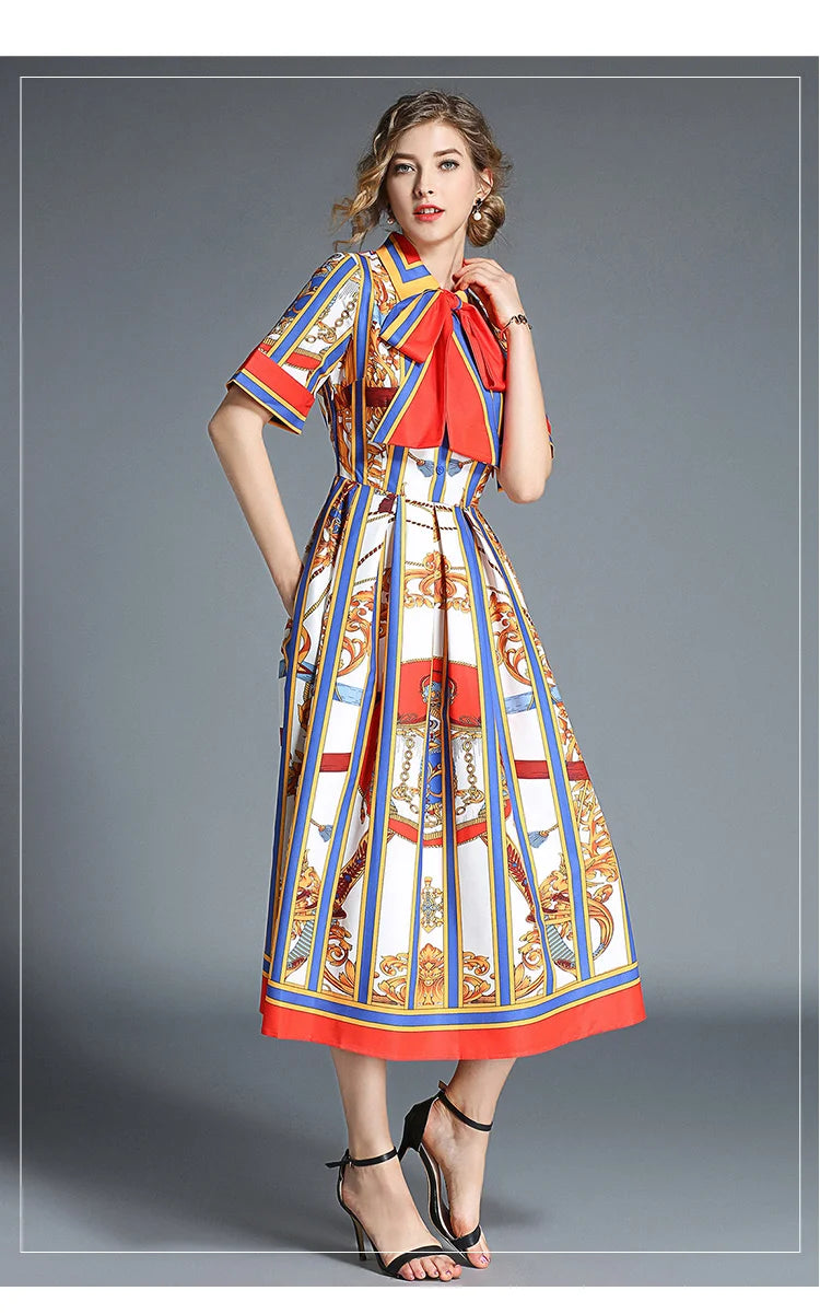 Banulin HIGH QUALITY 2020Newest Runway Designer Summer Dress Women's Short Sleeve Shirt Collar Stripe Printed Bow Midi Dress