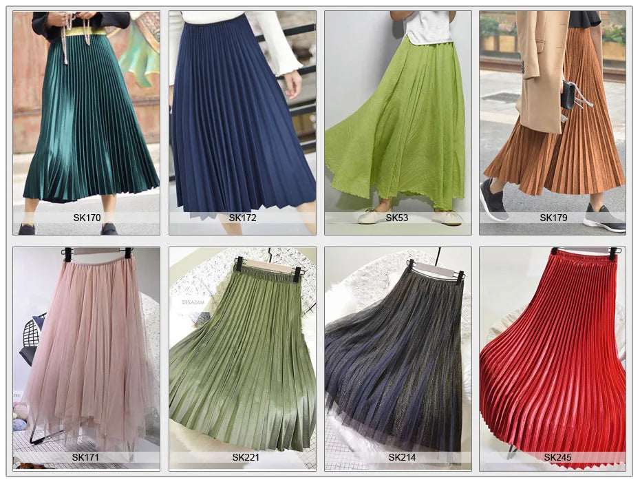 Vintage Pleated Midi Long Skirt For Women Korean Fashion Casual High Waist Chiffon Skirts Jupe Faldas 18 Color 2024 Autumn SK397