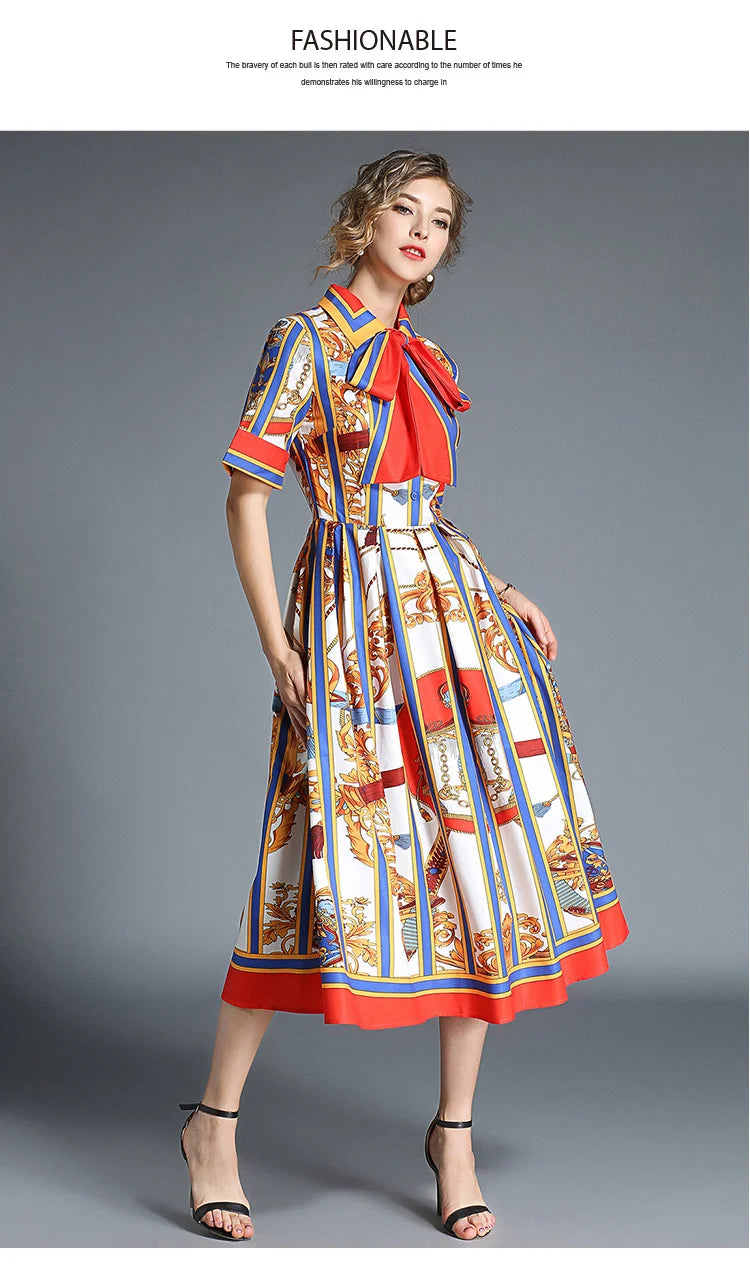 Banulin HIGH QUALITY 2020Newest Runway Designer Summer Dress Women's Short Sleeve Shirt Collar Stripe Printed Bow Midi Dress