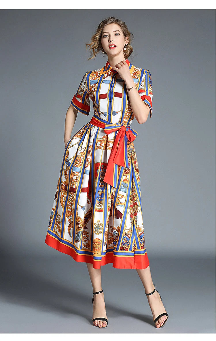 Banulin HIGH QUALITY 2020Newest Runway Designer Summer Dress Women's Short Sleeve Shirt Collar Stripe Printed Bow Midi Dress