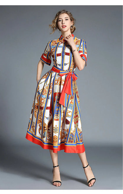 Banulin HIGH QUALITY 2020Newest Runway Designer Summer Dress Women's Short Sleeve Shirt Collar Stripe Printed Bow Midi Dress