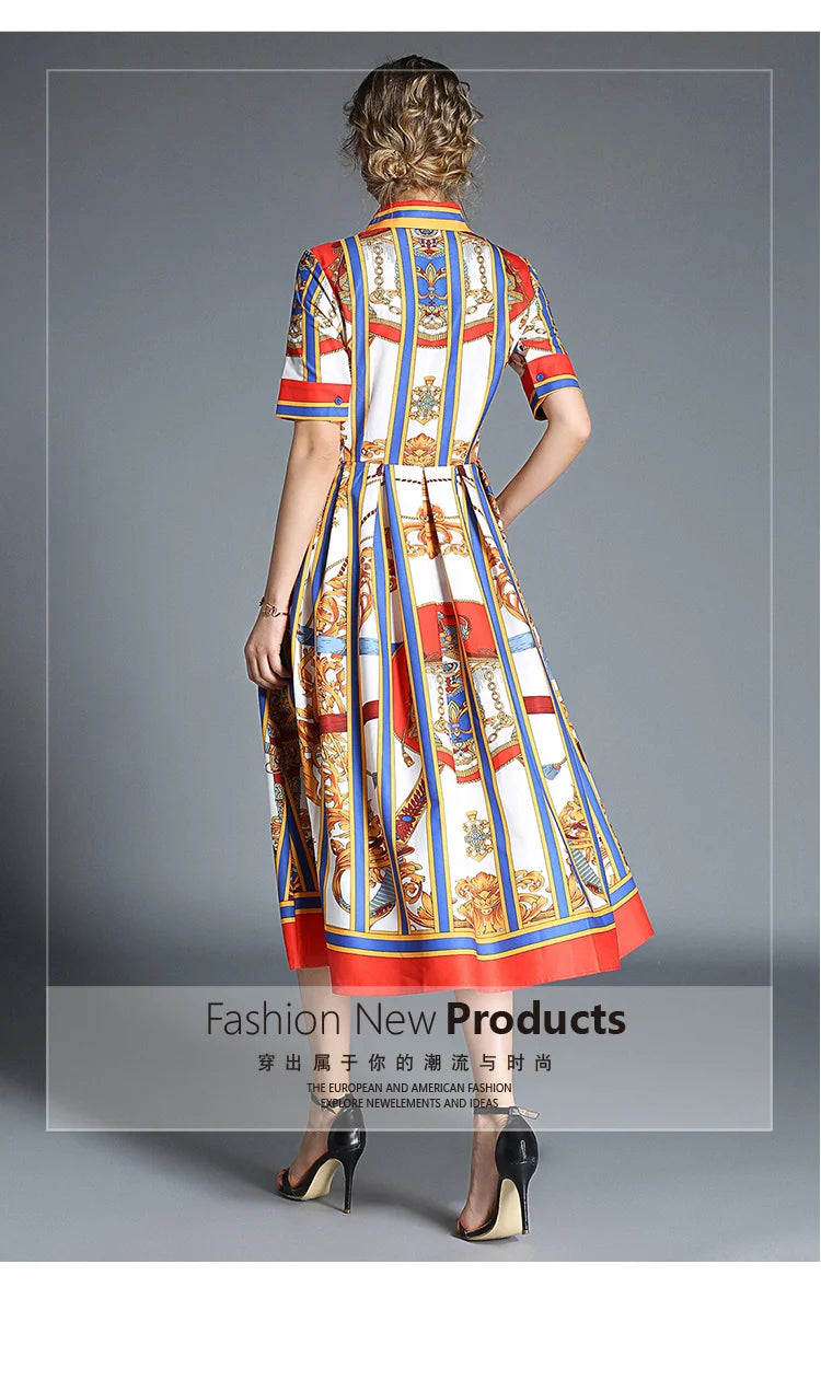Banulin HIGH QUALITY 2020Newest Runway Designer Summer Dress Women's Short Sleeve Shirt Collar Stripe Printed Bow Midi Dress