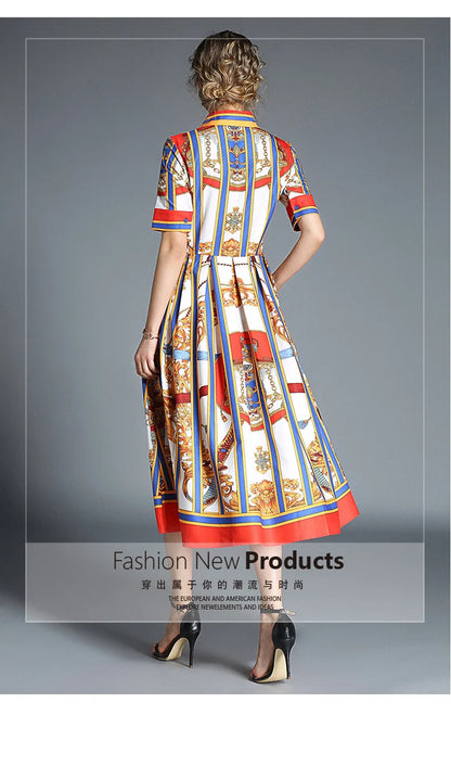 Banulin HIGH QUALITY 2020Newest Runway Designer Summer Dress Women's Short Sleeve Shirt Collar Stripe Printed Bow Midi Dress