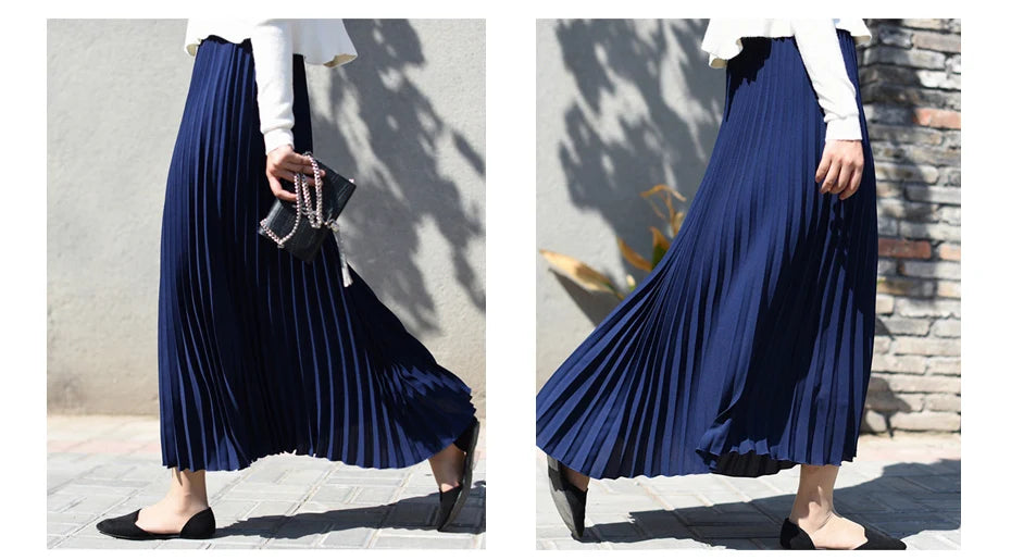 Vintage Pleated Midi Long Skirt For Women Korean Fashion Casual High Waist Chiffon Skirts Jupe Faldas 18 Color 2024 Autumn SK397