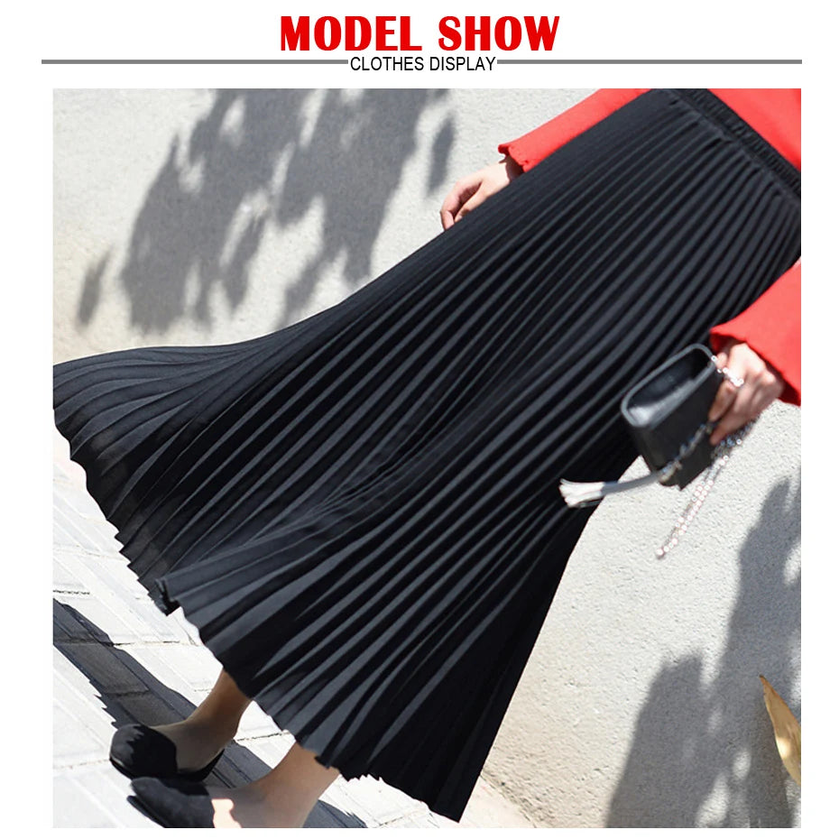 Vintage Pleated Midi Long Skirt For Women Korean Fashion Casual High Waist Chiffon Skirts Jupe Faldas 18 Color 2024 Autumn SK397