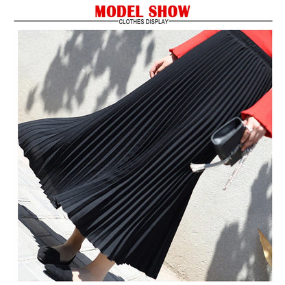 Vintage Pleated Midi Long Skirt For Women Korean Fashion Casual High Waist Chiffon Skirts Jupe Faldas 18 Color 2024 Autumn SK397