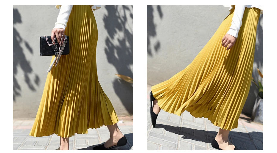 Vintage Pleated Midi Long Skirt For Women Korean Fashion Casual High Waist Chiffon Skirts Jupe Faldas 18 Color 2024 Autumn SK397
