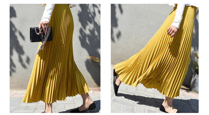 Vintage Pleated Midi Long Skirt For Women Korean Fashion Casual High Waist Chiffon Skirts Jupe Faldas 18 Color 2024 Autumn SK397