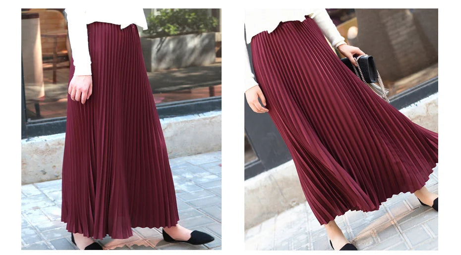 Vintage Pleated Midi Long Skirt For Women Korean Fashion Casual High Waist Chiffon Skirts Jupe Faldas 18 Color 2024 Autumn SK397