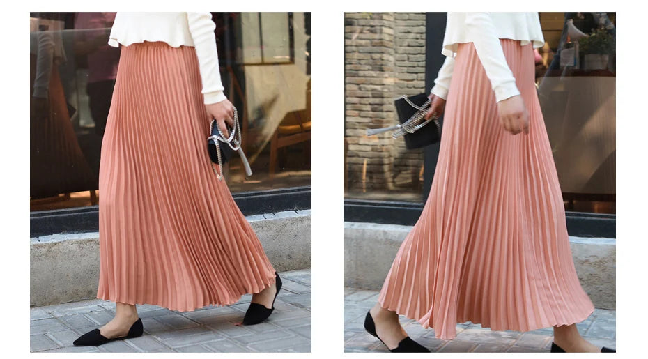 Vintage Pleated Midi Long Skirt For Women Korean Fashion Casual High Waist Chiffon Skirts Jupe Faldas 18 Color 2024 Autumn SK397