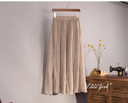 Women's Elegant 16 Color High Waist Elastic Waist Linen Pleated Long Skirts Ladies Slim Casual Skirt Saias New 2024 Summer SK05