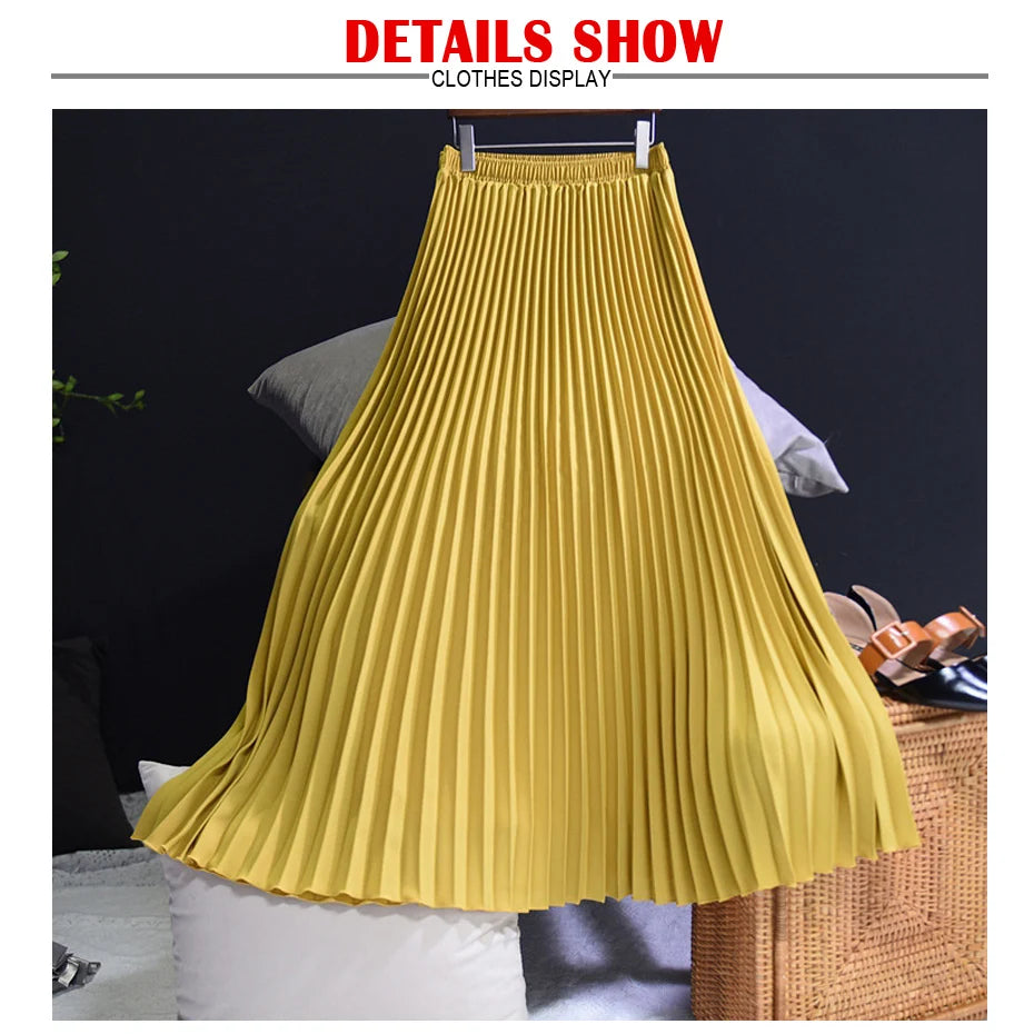 Vintage Pleated Midi Long Skirt For Women Korean Fashion Casual High Waist Chiffon Skirts Jupe Faldas 18 Color 2024 Autumn SK397