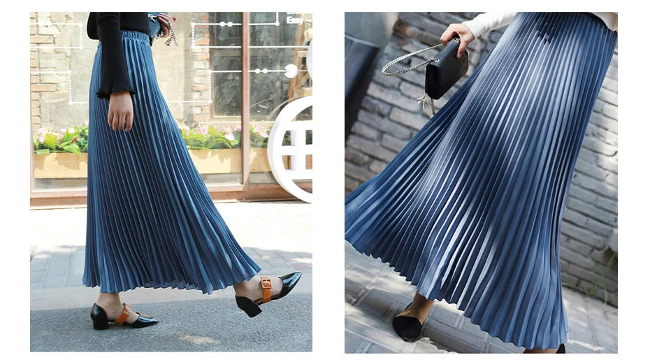 Vintage Pleated Midi Long Skirt For Women Korean Fashion Casual High Waist Chiffon Skirts Jupe Faldas 18 Color 2024 Autumn SK397