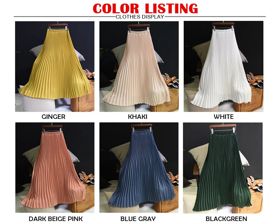 Vintage Pleated Midi Long Skirt For Women Korean Fashion Casual High Waist Chiffon Skirts Jupe Faldas 18 Color 2024 Autumn SK397