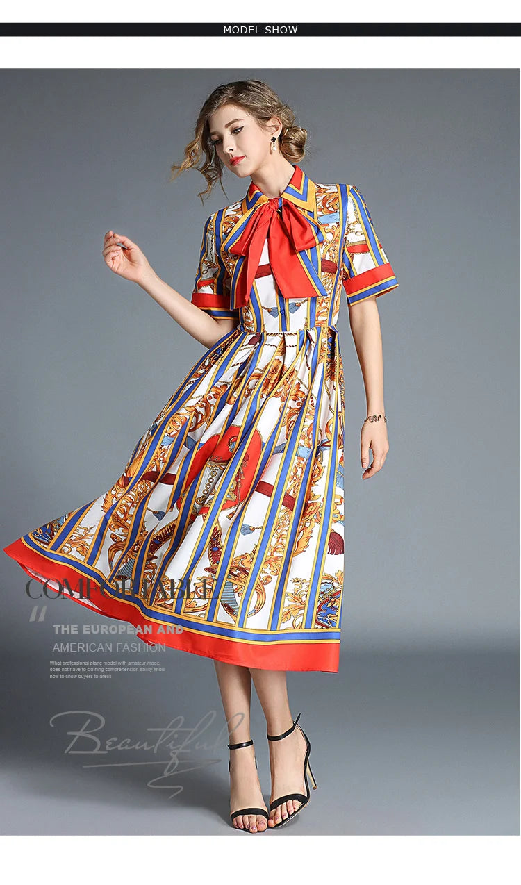 Banulin HIGH QUALITY 2020Newest Runway Designer Summer Dress Women's Short Sleeve Shirt Collar Stripe Printed Bow Midi Dress