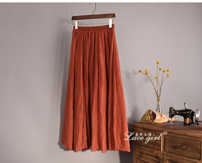 Women's Elegant 16 Color High Waist Elastic Waist Linen Pleated Long Skirts Ladies Slim Casual Skirt Saias New 2024 Summer SK05