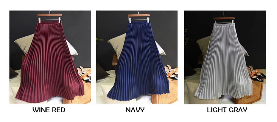 Vintage Pleated Midi Long Skirt For Women Korean Fashion Casual High Waist Chiffon Skirts Jupe Faldas 18 Color 2024 Autumn SK397