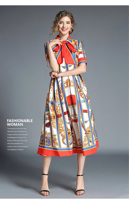 Banulin HIGH QUALITY 2020Newest Runway Designer Summer Dress Women's Short Sleeve Shirt Collar Stripe Printed Bow Midi Dress