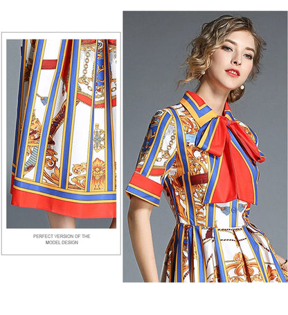 Banulin HIGH QUALITY 2020Newest Runway Designer Summer Dress Women's Short Sleeve Shirt Collar Stripe Printed Bow Midi Dress