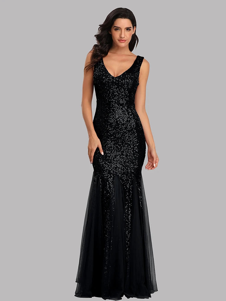 V-Neck Mermaid Dress with Shawl, Long Formal Prom Party Gown, Sequins Sleeveless, Sexy Evening Dress, Plus Size