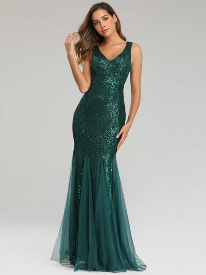 V-Neck Mermaid Dress with Shawl, Long Formal Prom Party Gown, Sequins Sleeveless, Sexy Evening Dress, Plus Size