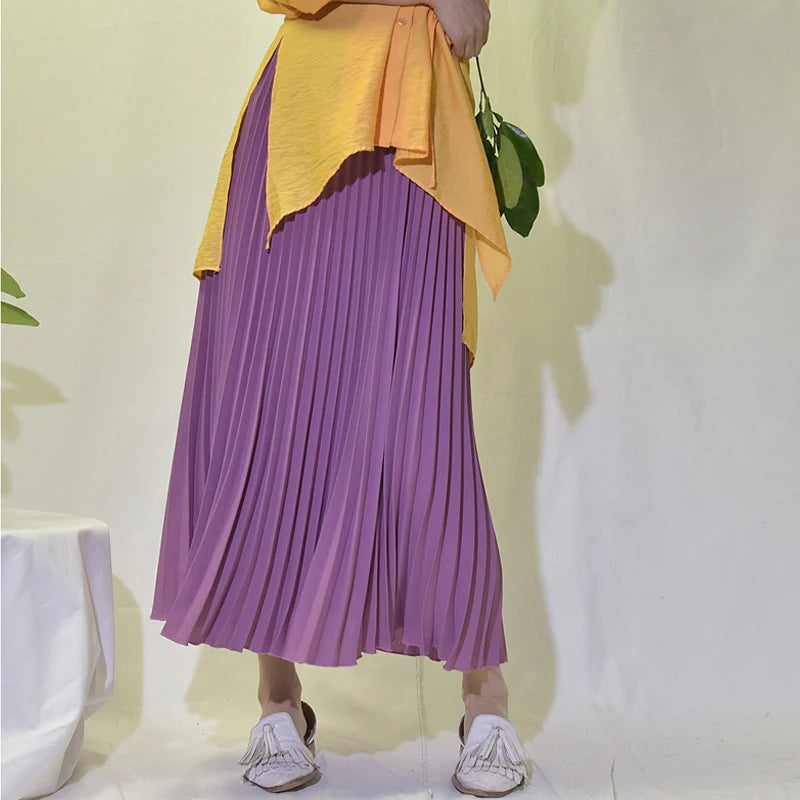 Vintage Pleated Midi Long Skirt For Women Korean Fashion Casual High Waist Chiffon Skirts Jupe Faldas 18 Color 2024 Autumn SK397