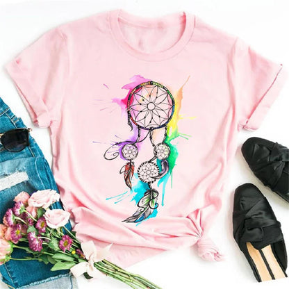 Maycaur Women Summer Short Sleeve Dreamcatcher Feather Fashion Print Lady T-shirts Top T Shirt Ladies Womens Graphic Tee T-Shirt