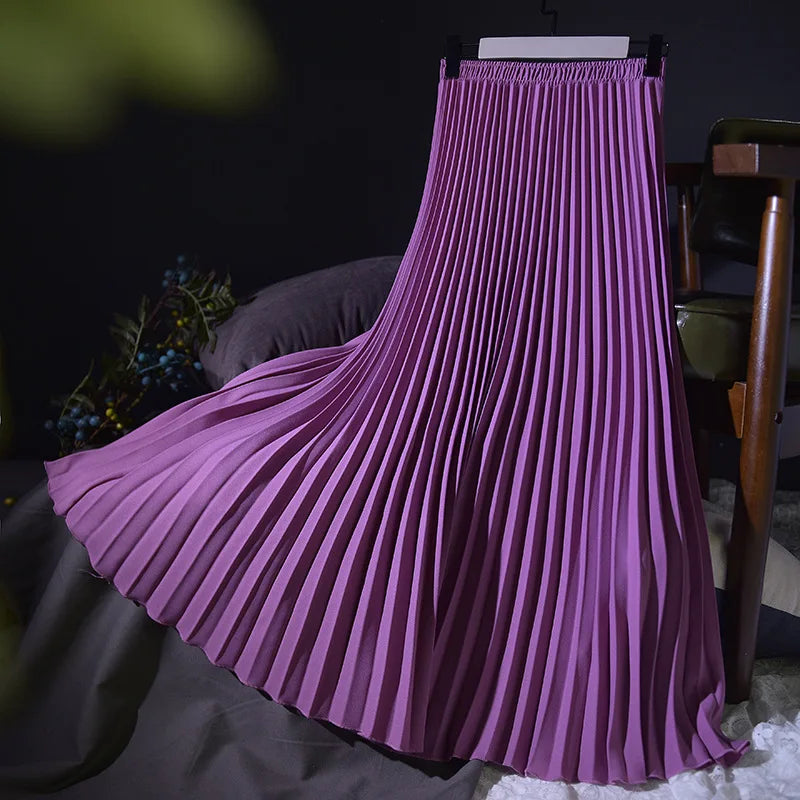Vintage Pleated Midi Long Skirt For Women Korean Fashion Casual High Waist Chiffon Skirts Jupe Faldas 18 Color 2024 Autumn SK397