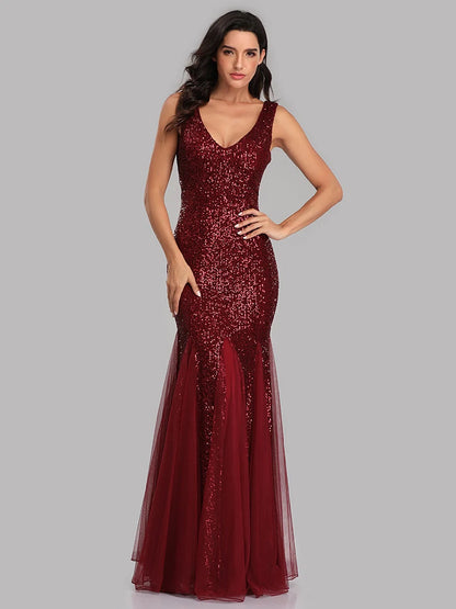 V-Neck Mermaid Dress with Shawl, Long Formal Prom Party Gown, Sequins Sleeveless, Sexy Evening Dress, Plus Size