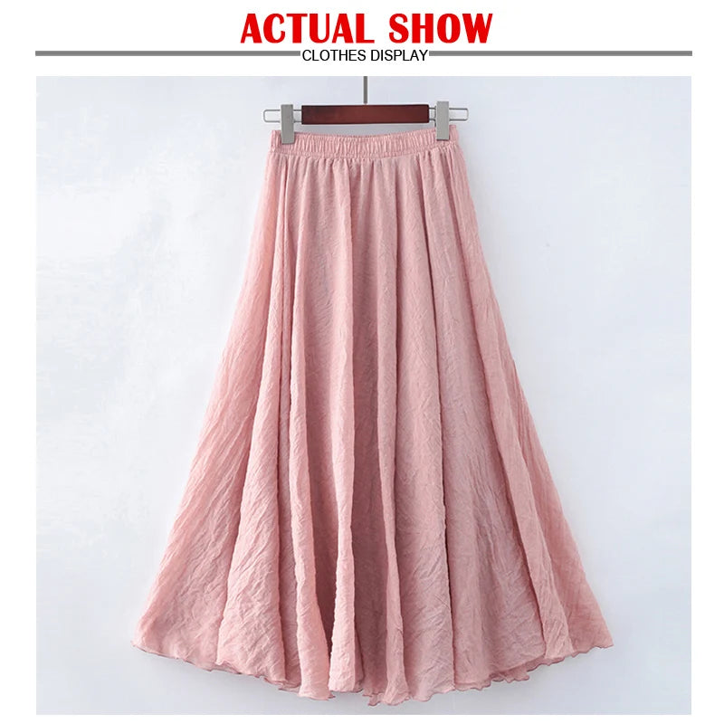 High Quality Cotton Linen Maxi Skirt Womens Casual Elastic High Waist Pleated A-Line Beach Skirts Boho Saia Feminina Faldas Jupe
