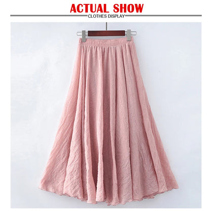High Quality Cotton Linen Maxi Skirt Womens Casual Elastic High Waist Pleated A-Line Beach Skirts Boho Saia Feminina Faldas Jupe