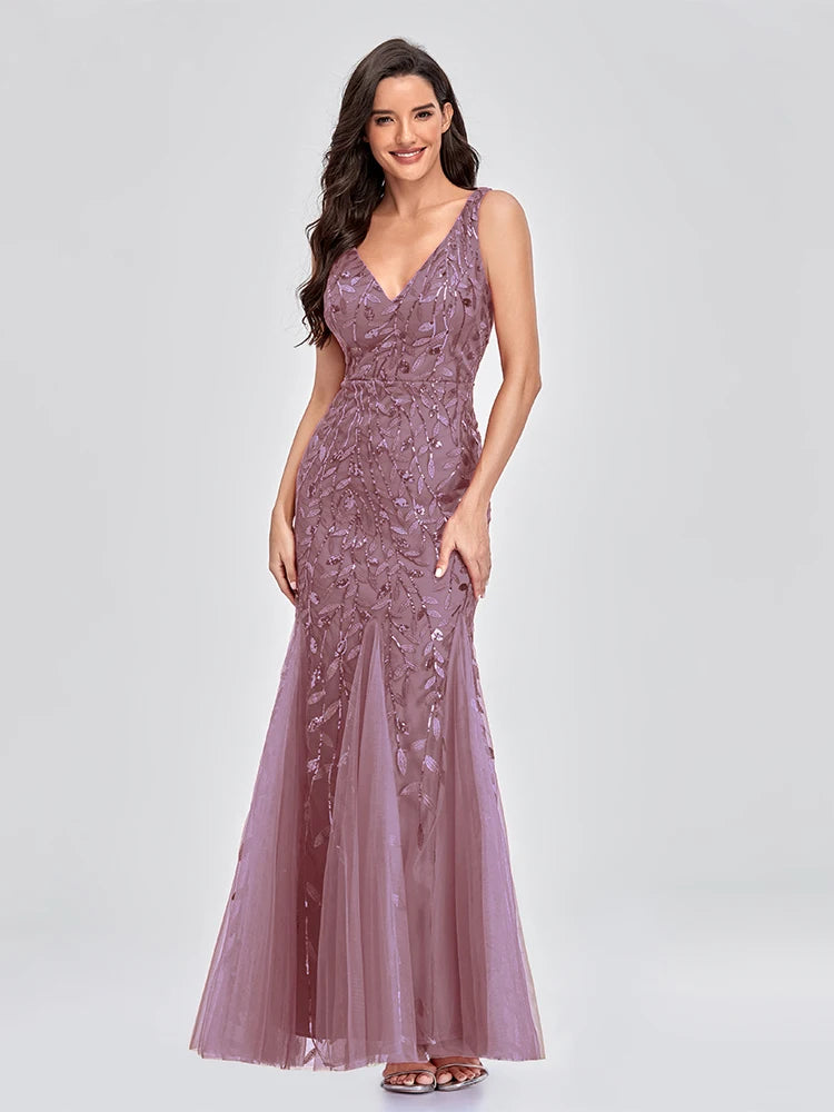 Sleeveless V-neck Tulle Sequins Cocktail Dresses V-back Mermaid Party Prom Gowns Women Formal Occasion Embroidered Robe Vestioes