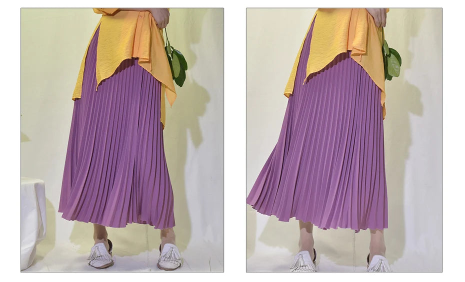 Vintage Pleated Midi Long Skirt For Women Korean Fashion Casual High Waist Chiffon Skirts Jupe Faldas 18 Color 2024 Autumn SK397
