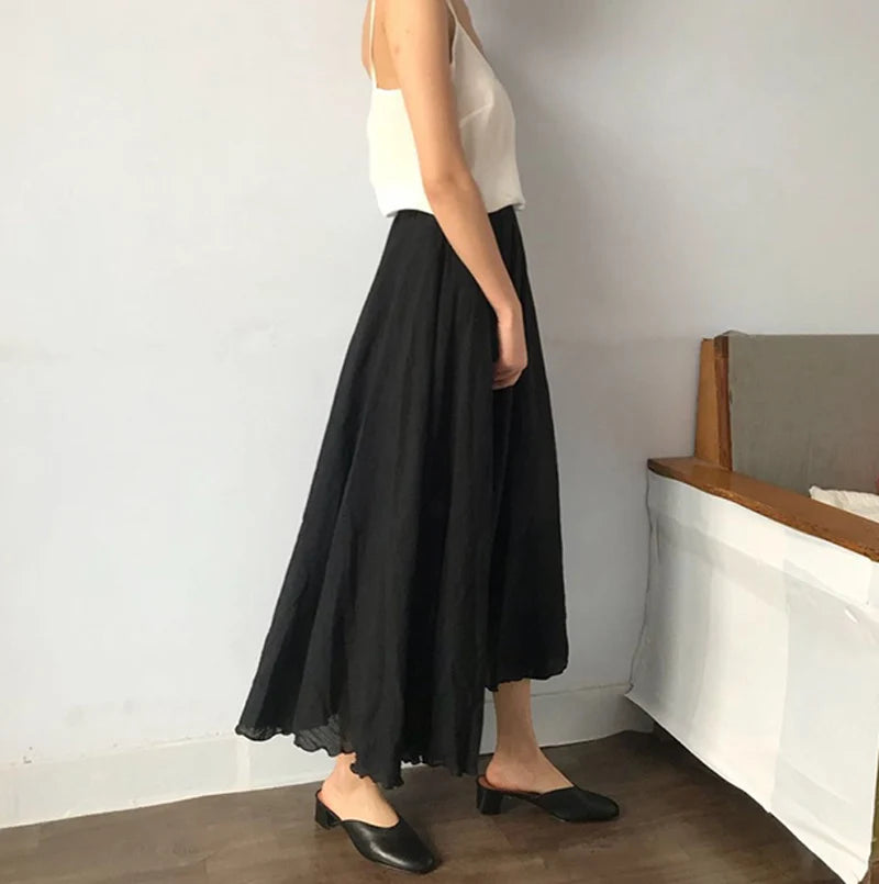 High Quality Cotton Linen Maxi Skirt Womens Casual Elastic High Waist Pleated A-Line Beach Skirts Boho Saia Feminina Faldas Jupe