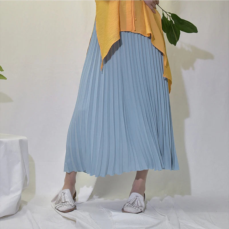 Vintage Pleated Midi Long Skirt For Women Korean Fashion Casual High Waist Chiffon Skirts Jupe Faldas 18 Color 2024 Autumn SK397