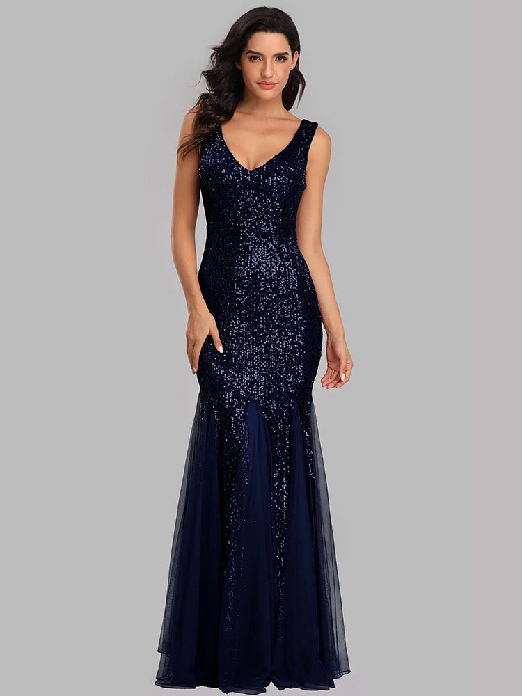 V-Neck Mermaid Dress with Shawl, Long Formal Prom Party Gown, Sequins Sleeveless, Sexy Evening Dress, Plus Size